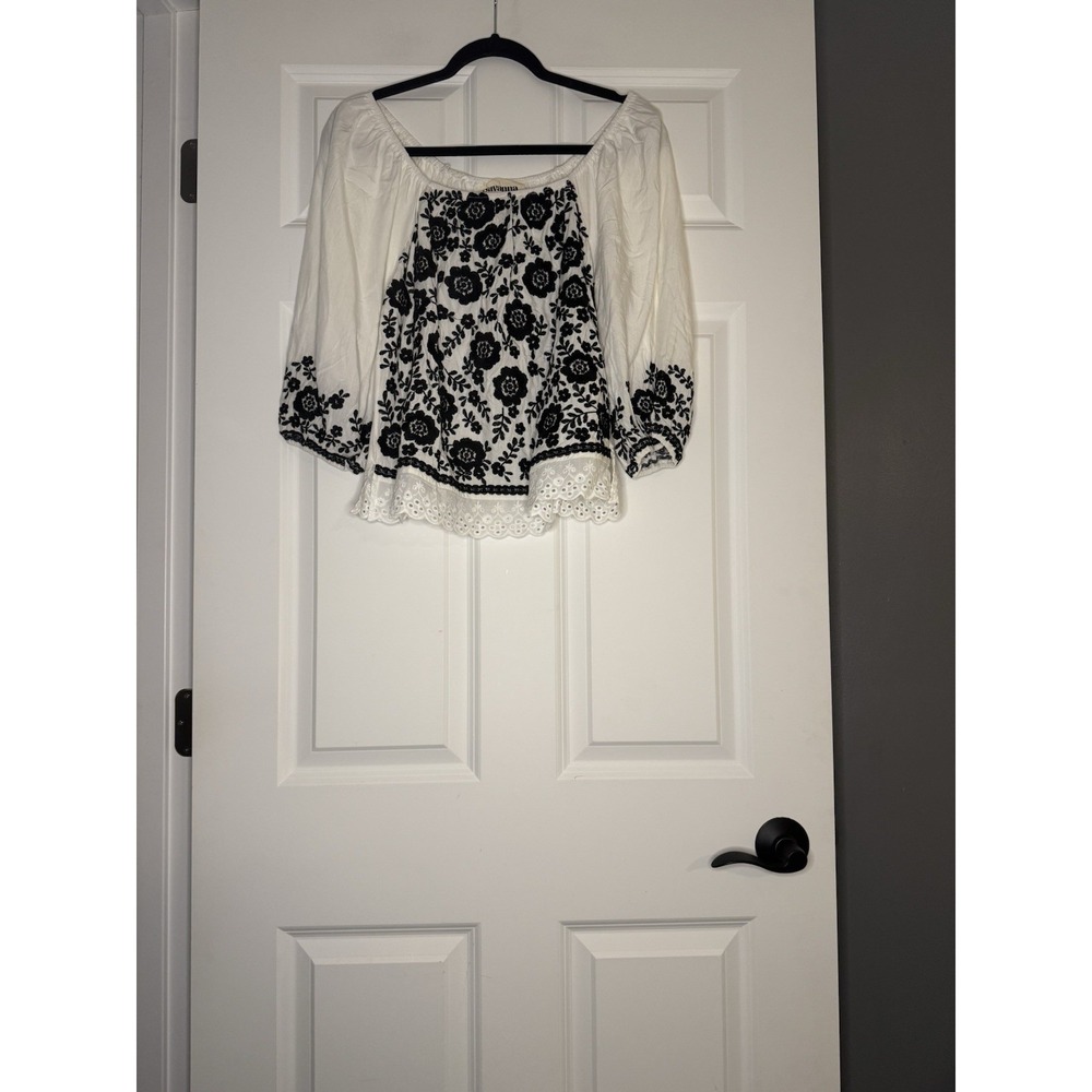 Savanna Jane 3/4 Sleeve Floral Embroidered Boho Peasant Top Small Nwt